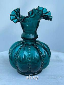 Fenton TEAL beaded melon vase RARE COLOR