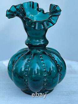 Fenton TEAL beaded melon vase RARE COLOR