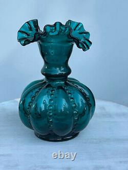 Fenton TEAL beaded melon vase RARE COLOR