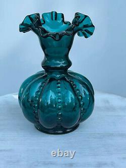 Fenton TEAL beaded melon vase RARE COLOR