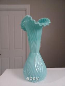 Fenton TURQUOISE BLUE Vase 3264 Mitered Ovals Fan Top HARD to FIND
