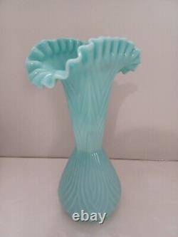 Fenton TURQUOISE BLUE Vase 3264 Mitered Ovals Fan Top HARD to FIND