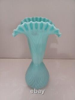 Fenton TURQUOISE BLUE Vase 3264 Mitered Ovals Fan Top HARD to FIND