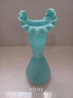 Fenton TURQUOISE BLUE Vase 3264 Mitered Ovals Fan Top HARD to FIND