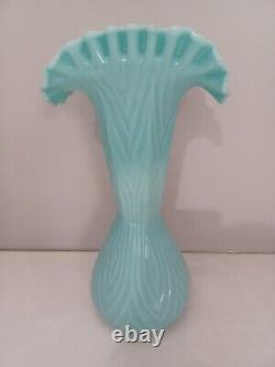 Fenton TURQUOISE BLUE Vase 3264 Mitered Ovals Fan Top HARD to FIND