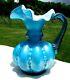 Fenton Turquoise Iridescent Beaded Melon Glass Pitcher Vase 6H Mint