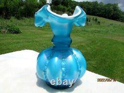 Fenton Turquoise Iridescent Beaded Melon Glass Pitcher Vase 6H Mint