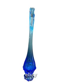 Fenton Valencia Pattern Blue Stretched MCM Glass Vase, 16 Tall Fenton Valencia Pattern Blue Stretched MCM Glass Vase, 16 Tall