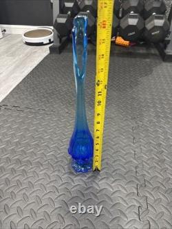 Fenton Valencia Pattern Blue Stretched MCM Glass Vase, 16 Tall