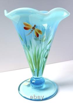 Fenton Vase Opalescent Blue Dragonfly Hand Painted Artist Signed N Kelley 2003