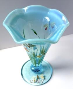 Fenton Vase Opalescent Blue Dragonfly Hand Painted Artist Signed N Kelley 2003