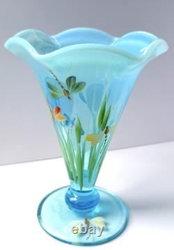 Fenton Vase Opalescent Blue Dragonfly Hand Painted Artist Signed N Kelley 2003