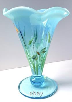 Fenton Vase Opalescent Blue Dragonfly Hand Painted Artist Signed N Kelley 2003