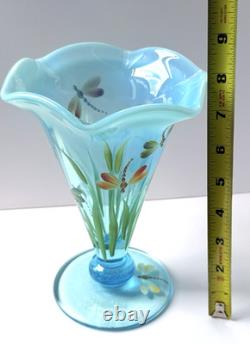 Fenton Vase Opalescent Blue Dragonfly Hand Painted Artist Signed N Kelley 2003