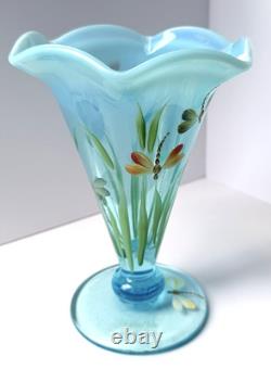 Fenton Vase Opalescent Blue Dragonfly Hand Painted Artist Signed N Kelley 2003