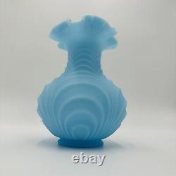 Fenton Vase Satin Glass Powder Blue Drapery Style Ruffled Top Large Vintage