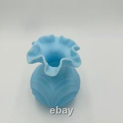 Fenton Vase Satin Glass Powder Blue Drapery Style Ruffled Top Large Vintage