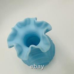 Fenton Vase Satin Glass Powder Blue Drapery Style Ruffled Top Large Vintage