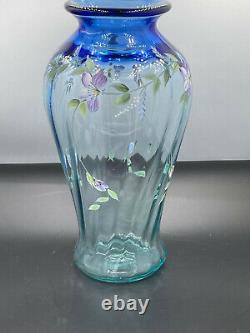 Fenton glass Blue Tranquility vase hand painted flowers 1999 Family Signature