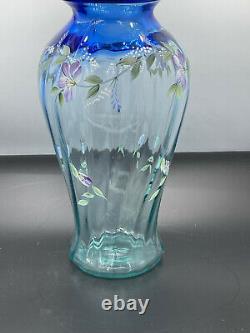 Fenton glass Blue Tranquility vase hand painted flowers 1999 Family Signature