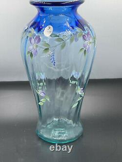 Fenton glass Blue Tranquility vase hand painted flowers 1999 Family Signature