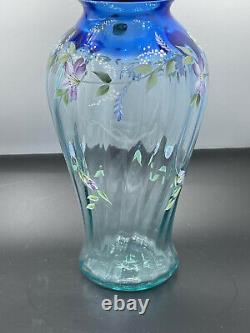 Fenton glass Blue Tranquility vase hand painted flowers 1999 Family Signature