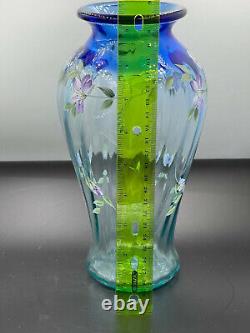 Fenton glass Blue Tranquility vase hand painted flowers 1999 Family Signature