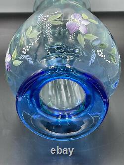 Fenton glass Blue Tranquility vase hand painted flowers 1999 Family Signature