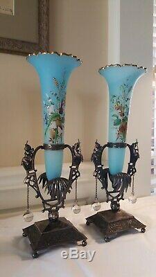 Figural Meriden Silver plate Victorian Cherub Palm Blue Art Glass vases Antique