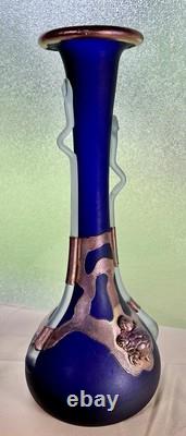 Filip Ravert Romanian Hand Blown Art Glass Vase Black Blue Copper Overlay 12