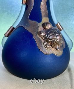 Filip Ravert Romanian Hand Blown Art Glass Vase Black Blue Copper Overlay 12
