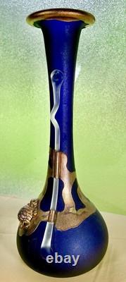 Filip Ravert Romanian Hand Blown Art Glass Vase Black Blue Copper Overlay 12