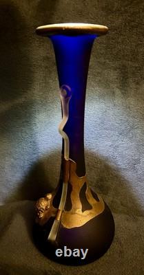 Filip Ravert Romanian Hand Blown Art Glass Vase Black Blue Copper Overlay 12