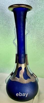 Filip Ravert Romanian Hand Blown Art Glass Vase Black Blue Copper Overlay 12