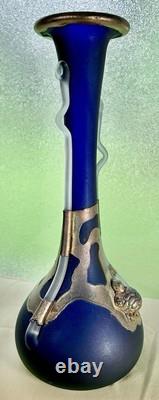 Filip Ravert Romanian Hand Blown Art Glass Vase Black Blue Copper Overlay 12