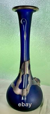 Filip Ravert Romanian Hand Blown Art Glass Vase Black Blue Copper Overlay 12