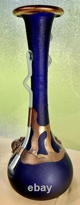 Filip Ravert Romanian Hand Blown Art Glass Vase Black Blue Copper Overlay 12