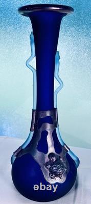 Filip Ravert Romanian Hand Blown Art Glass Vase Black Blue Copper Overlay 12