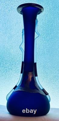 Filip Ravert Romanian Hand Blown Art Glass Vase Black Blue Copper Overlay 12