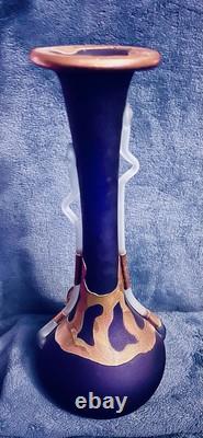 Filip Ravert Romanian Hand Blown Art Glass Vase Black Blue Copper Overlay 12