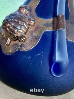 Filip Ravert Romanian Hand Blown Art Glass Vase Black Blue Copper Overlay 12
