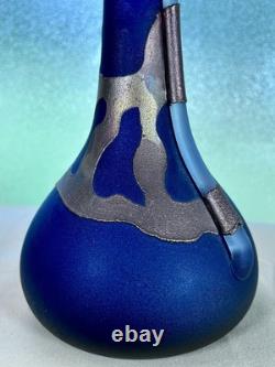 Filip Ravert Romanian Hand Blown Art Glass Vase Black Blue Copper Overlay 12