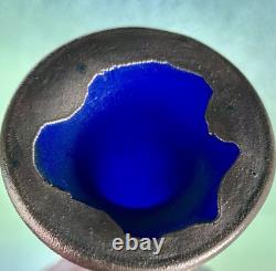 Filip Ravert Romanian Hand Blown Art Glass Vase Black Blue Copper Overlay 12
