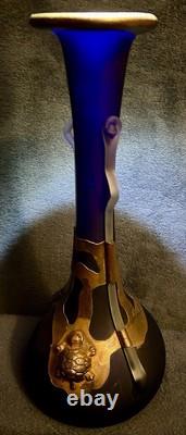 Filip Ravert Romanian Hand Blown Art Glass Vase Black Blue Copper Overlay 12