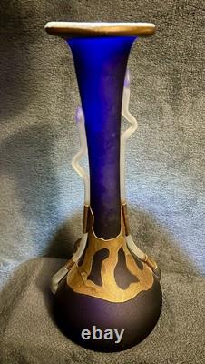 Filip Ravert Romanian Hand Blown Art Glass Vase Black Blue Copper Overlay 12