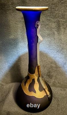 Filip Ravert Romanian Hand Blown Art Glass Vase Black Blue Copper Overlay 12