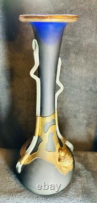 Filip Ravert Romanian Hand Blown Art Glass Vase Black Blue Copper Overlay 12
