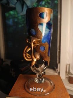 Filip Ravert Signed Scupture ART GLASS Vase Copper Overlay/Cobalt Blue