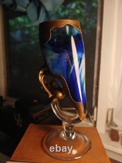 Filip Ravert Signed Scupture ART GLASS Vase Copper Overlay/Cobalt Blue