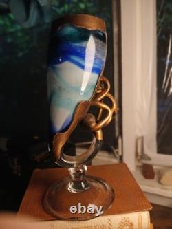 Filip Ravert Signed Scupture ART GLASS Vase Copper Overlay/Cobalt Blue